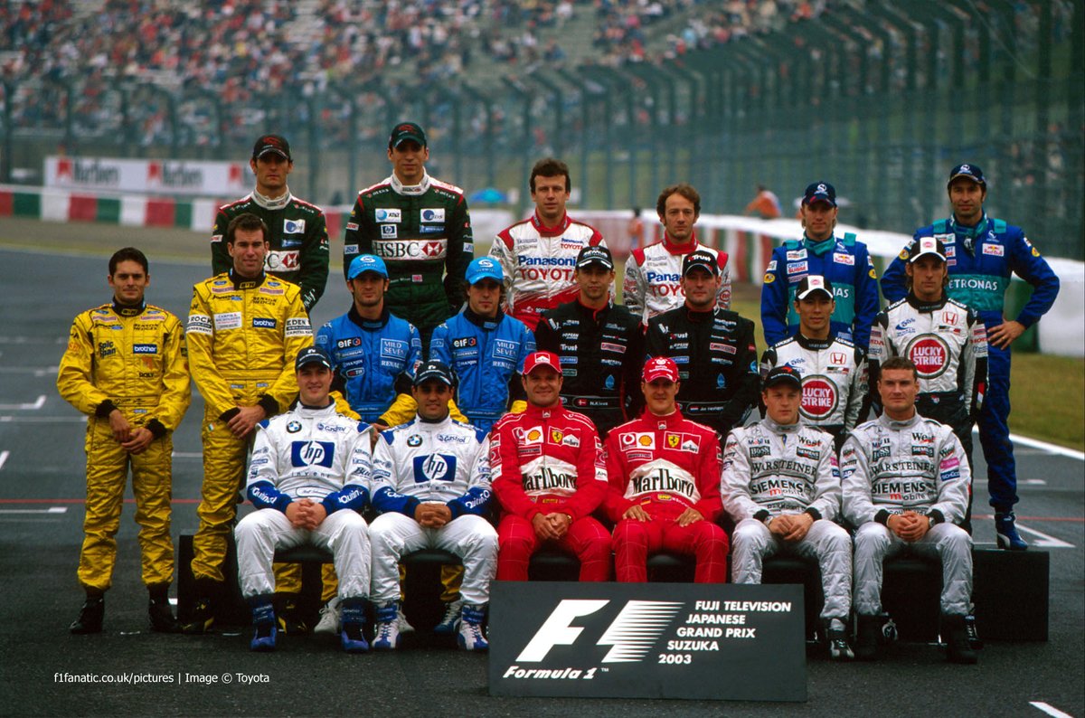 2003_f1's tweet photo. The Class of #2003F1 - with Ralf, Juan-Pablo, Rubens, Michael, Kimi &amp; DC sitting in the first row. 😎 Japanese GP, Suzuka, 12 October 2003. 😍 https://t.co/jdwhhDKzIc