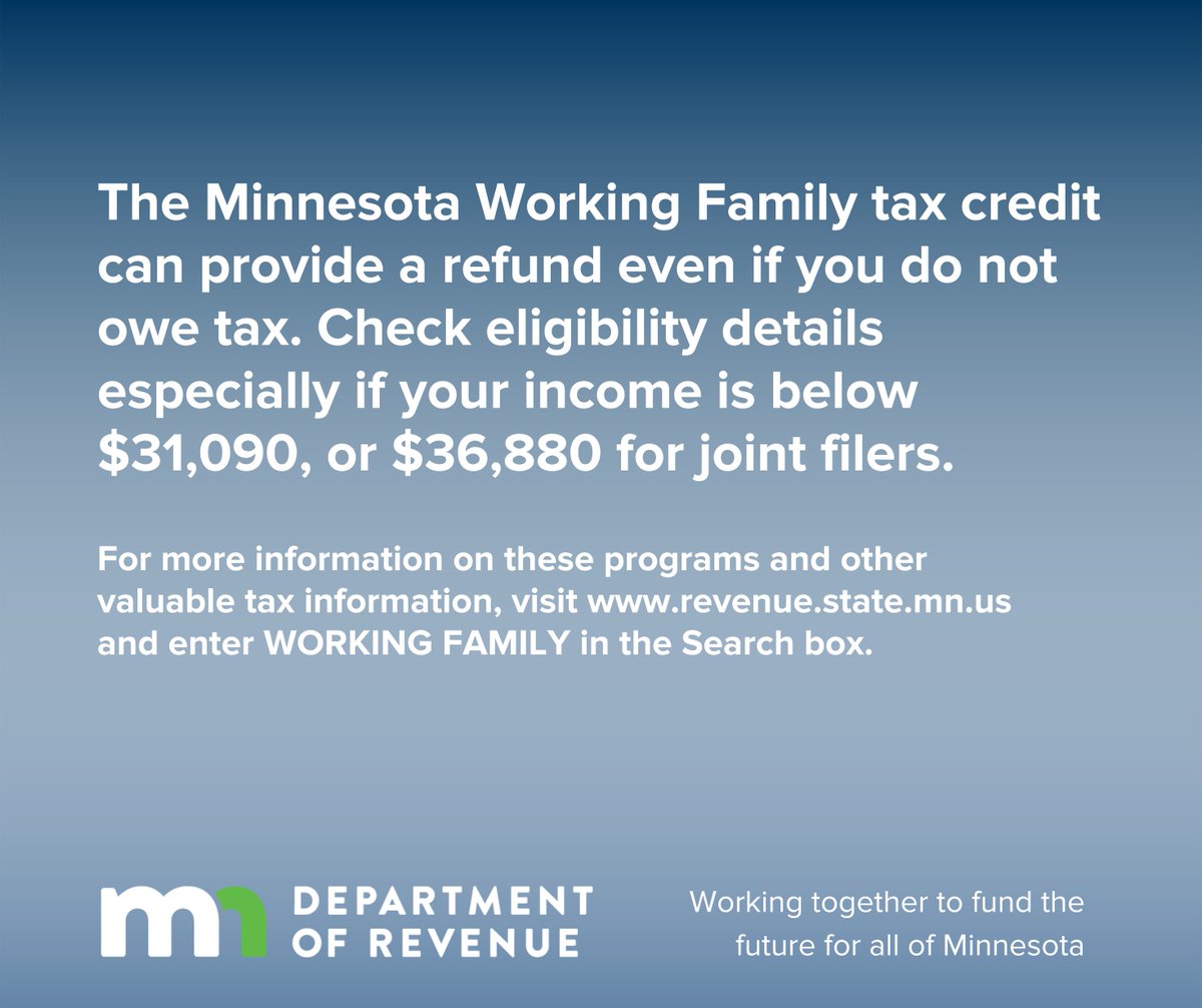 ⭐️ Great news for Minnesota families! ⭐️ You could qualify for a refund, even if you don't owe taxes. 

LEARN MORE: ow.ly/ZbYZ50UBYxn 

Service made available through a grant provided by the state of MN. #childtaxcredit