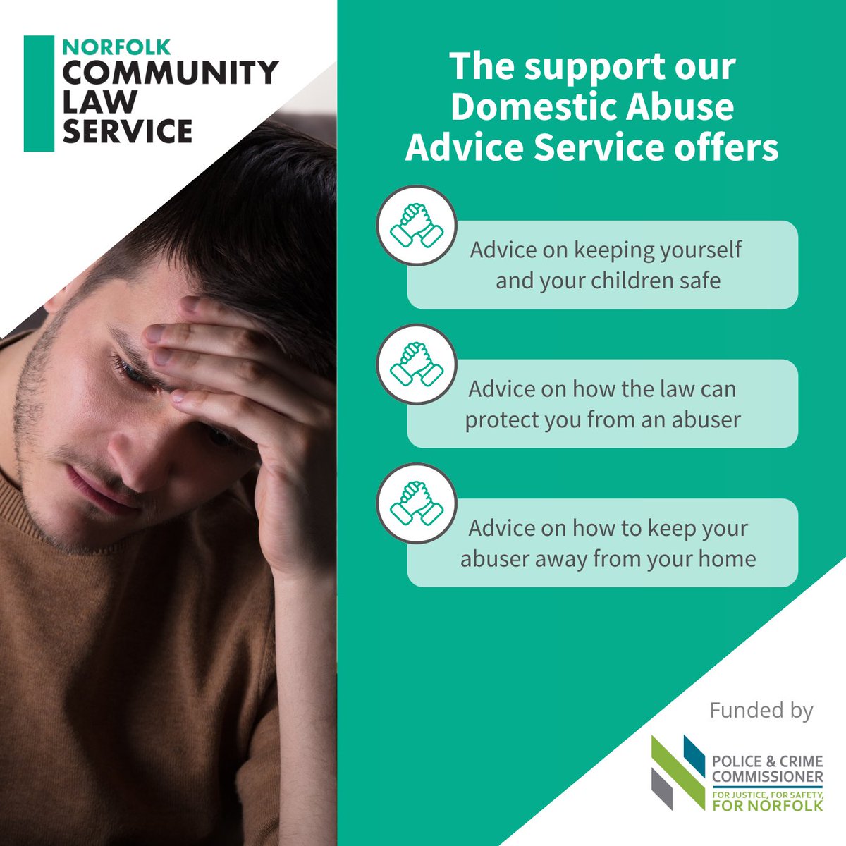 Norfolk Community Law Service (@nclawservice) on Twitter photo Free legal advice can be a lifeline for women and men who are experiencing domestic abuse.
The below are just a few of the areas we can advise on 👇
Find out more about our Domestic Abuse Advice service: ncls.co.uk/domestic-abuse…
#Norfolk #DomesticAbuseAdvice Free legal advice can be a lifeline for women and men who are experiencing domestic abuse.
The below are just a few of the areas we can advise on 👇
Find out more about our Domestic Abuse Advice service: ncls.co.uk/domestic-abuse…
#Norfolk #DomesticAbuseAdvice