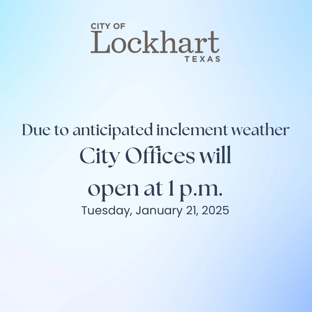 ⚠️Due to forecasted freezing temperatures and possible precipitation, city offices will be on a delayed start of 1 p.m. tomorrow, Tuesday, January 21.