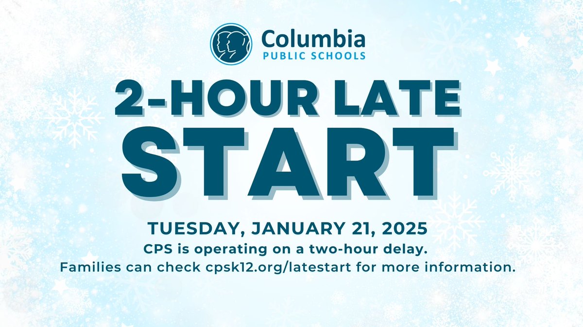 mbaumstark's tweet photo. Columbia Public Schools will have a 2-hour delayed start tomorrow, Tuesday, January 21, 2025. This means buses will pick up two hours later than their original scheduled pick-up time.

Late start times for schools are available on the district’s website at https://t.co/VRjGLtzcbl https://t.co/9jSZaUMJxc