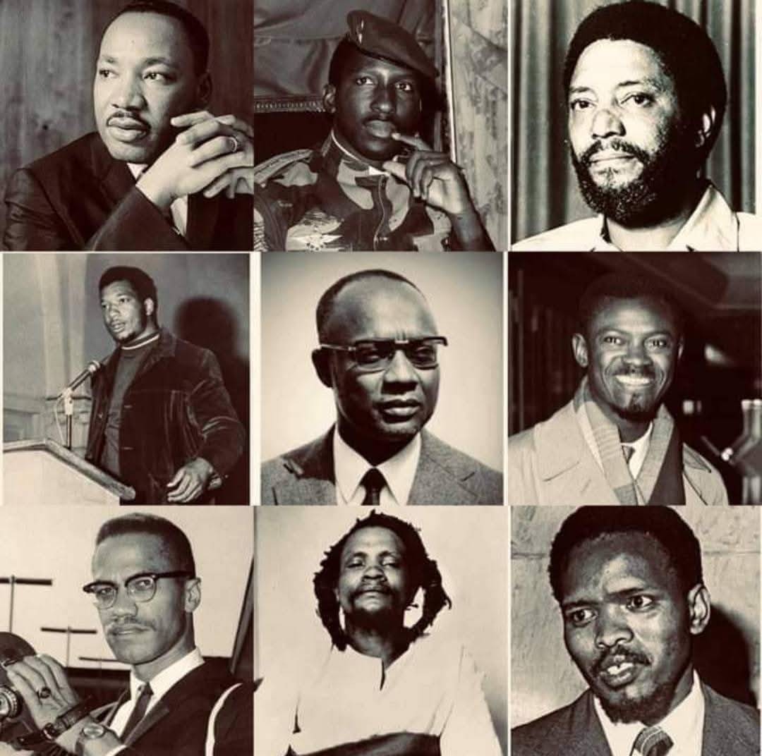 If you look at this image + don't recognise someone,  please research them. Dr Martin Luther King Jr. Thomas Sankara. Maurice Bushop. Fred Hampton. Amilcar Cabral. Patrice Lumumba. Malcolm X. Dedan Kimathi. Steve Biko. Teach yourself then your children. #blackhistory365