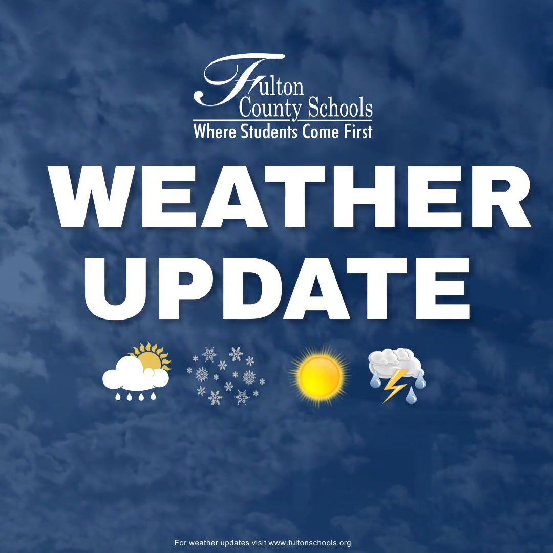 Due to severe cold weather and safety concerns, all FCS schools/admin offices will be closed Tues, Jan 21, due to potential impacts from incoming inclement weather. Students should not report to school. Employees to work remotely. More info at fultonschools.org
