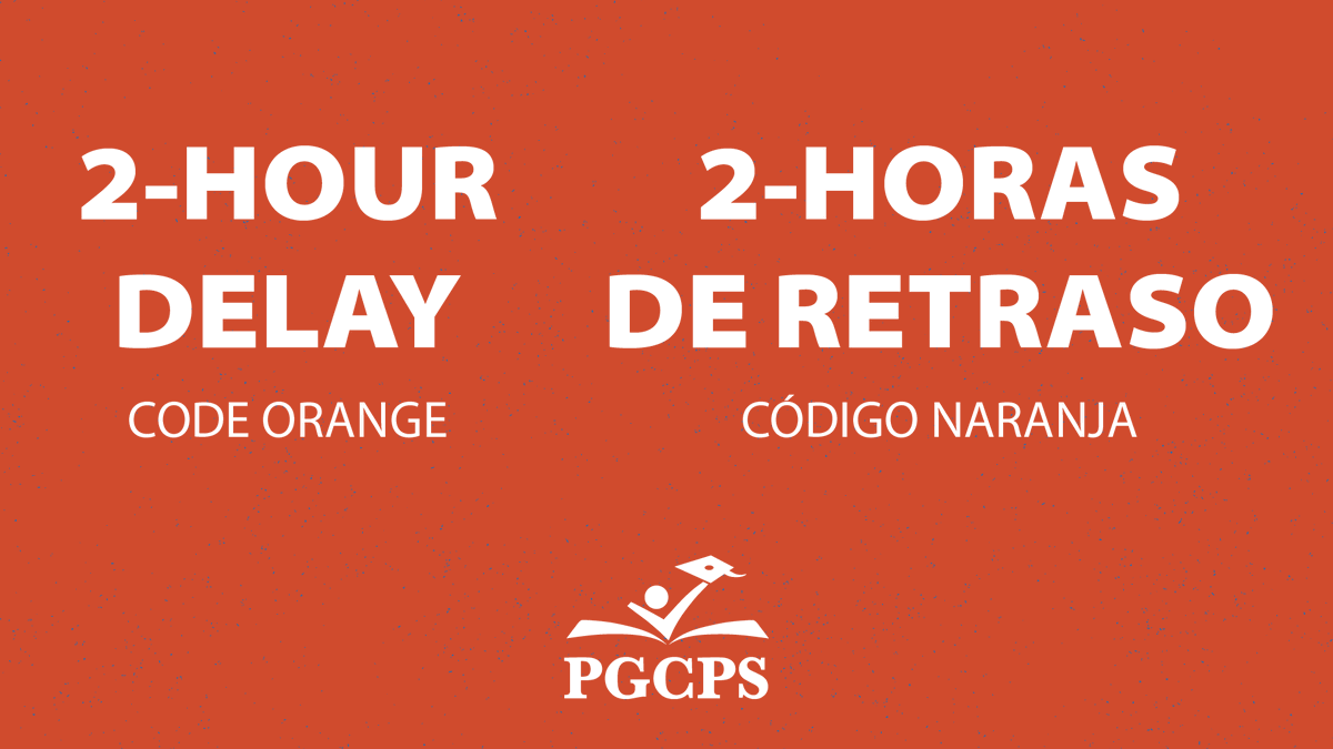 WEATHER ALERT FOR TUESDAY, JANUARY 21: Schools and offices will open on a two-hour delay due to low temperatures and icy conditions. Code Orange. Visit pgcps.org for more info.
