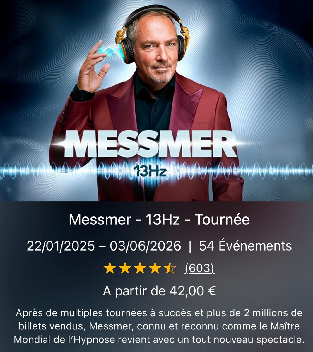 3 places à vendre pour Lille, mercredi 22 janvier - Messmer - 13Hz #hypnose