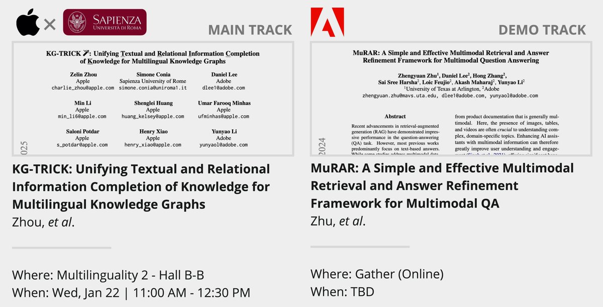 Daniel Lee (@daniel_js_lee) on Twitter photo โ๏ธ A bittersweet paper announcement at <a href="/coling2025/">COLING 2025</a>! Iโm excited to announce a couple of more papers from <a href="/Apple/">Apple</a> and <a href="/Adobe/">Adobe</a>.
๐ KG-TRICK: Unifying Textual and Relational Information Completion of Knowledge for Multilingual Knowledge Graphs @ Main Track w/ Zelin Zhou, โ๏ธ A bittersweet paper announcement at <a href="/coling2025/">COLING 2025</a>! Iโm excited to announce a couple of more papers from <a href="/Apple/">Apple</a> and <a href="/Adobe/">Adobe</a>.
๐ KG-TRICK: Unifying Textual and Relational Information Completion of Knowledge for Multilingual Knowledge Graphs @ Main Track w/ Zelin Zhou,