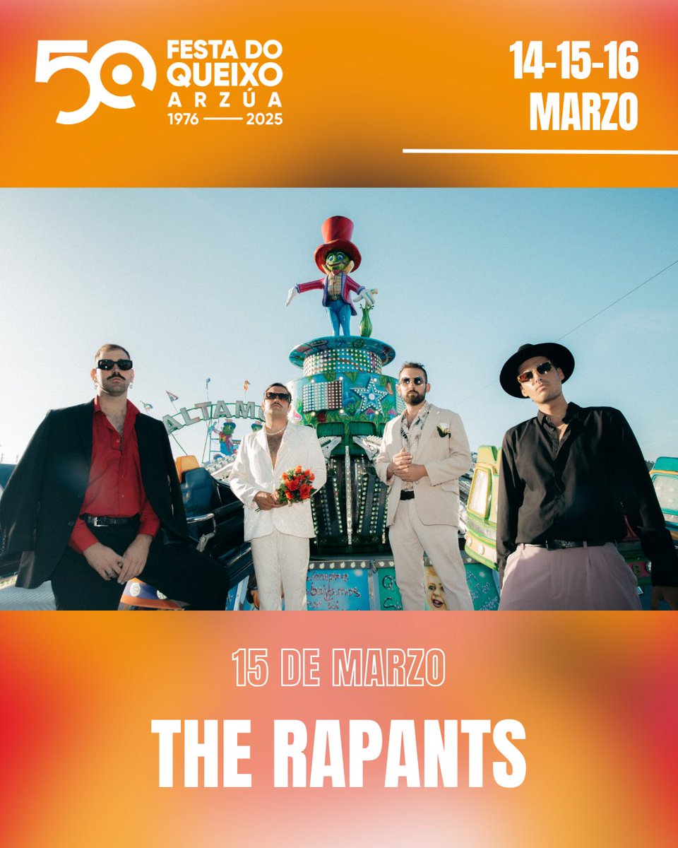 O 15 de marzo, The Rapants subirán ao escenario de Arzúa para encher a vila coa súa “máquina del buen rollo”!!! 💛💛✨✨

Música, queixo e bo ambiente… prepárate para un día inesquecible! 🧀🎵

#arzua #TheRapants #queixo2025 #queixeando