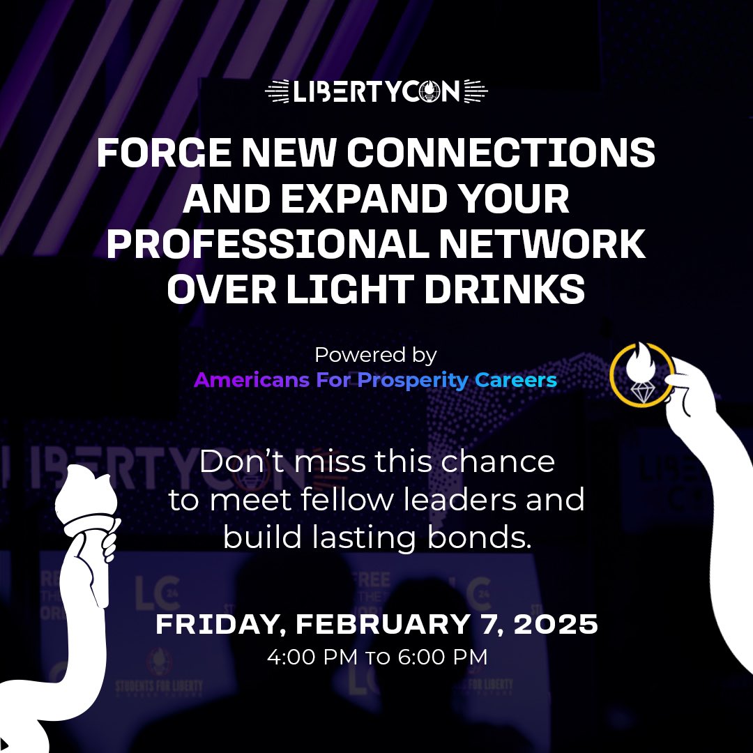 SFLAlumni's tweet photo. 🍸 Networking Happy Hour Alert! 🍸 Join Alumni For Liberty &amp; AFP Careers at LibertyCon International!
🗓️ Feb 7, 2025 | 🕒 4:00 PM - 6:00 PM 🤝 Powered by Americans For Prosperity Careers
Haven’t registered? Secure your spot: https://t.co/QaTjIXqVMB
#LibertyCon2025 #AFPcareers https://t.co/vcR1K2BpmQ