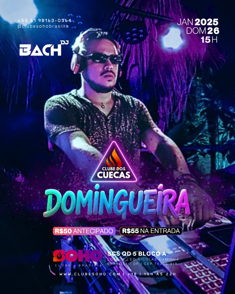 clubesoho's tweet photo. DOMINGO | 26/01 | 15h às 22h

💦 DOMINGUEIRA – CLUBE DOS CUECAS
 DJ  @felipebach  18h às 21h

💵 R$ 50,00 - Antecipada
🔗 https://t.co/Vxa674xOFJ

💵 R$ 55,00 - Na Entrada

#BarGay #ClubeGay #CruisingGay #SaunaGay #GuiaGayDF
#ClubeSoho #ClubeDosCuecas #Brasilia #DF #Domingueira https://t.co/GVVxzG6DPh