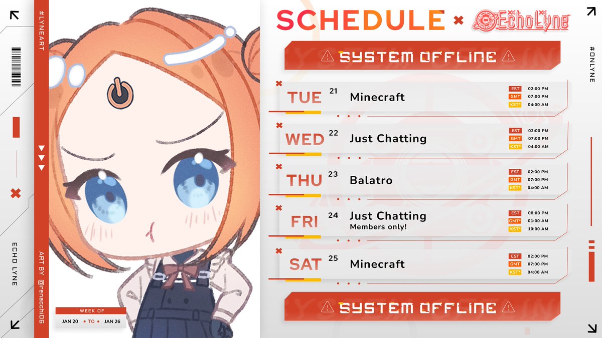 EchoVNU's tweet photo. 🪫 SCHEDULE 01/20 - 01/26 🪫
Block game! Block game!
Live: #OnLyne
Art: #LyneArt
Meme: #Echopium
Clips: #Echollection
Oshi Mark: 🪫 https://t.co/ker6p0kU4I