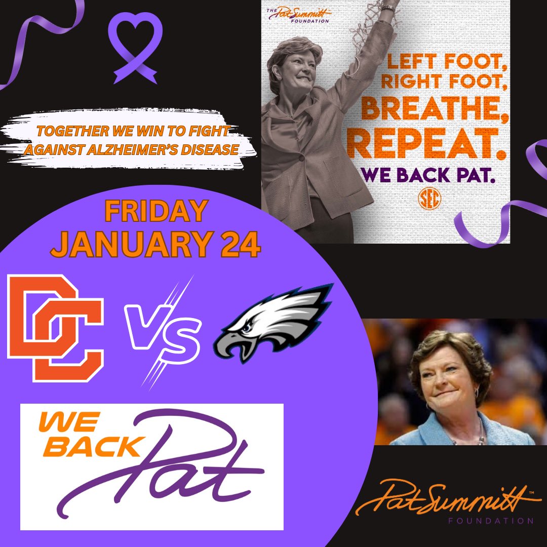 DCHSWBB's tweet image. Join us THIS FRIDAY as we stand with Pat Summitt and the millions of Americans battling with Alzheimer’s and dementia, and the people who care for them! Along with remembering Pat Summit and the legacy and impact she left for Women’s Basketball💜🧡 #webackpat
