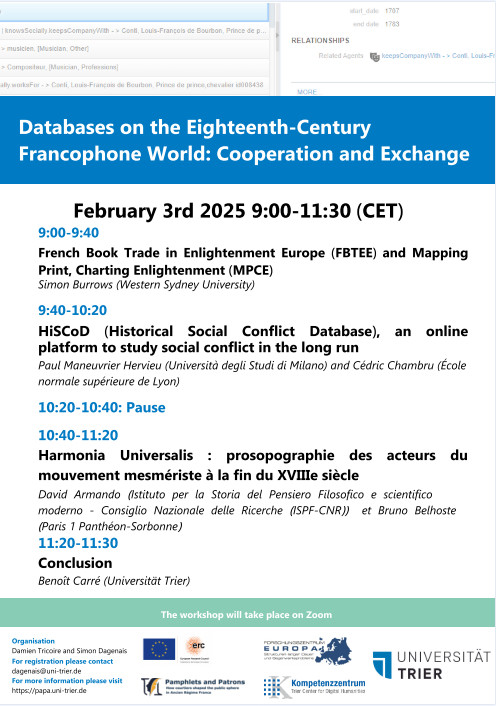 ISECS/SIEDS (@isecs_sieds) on Twitter photo The fourth edition of the workshop Databases on the Eighteenth-Century Francophone World : Cooperation and Exchange will take place online on February 3rd 2025 from 9:00 to 11:30 CET, in hybrid form.
To register, please write to : dagenais@uni-trier.de The fourth edition of the workshop Databases on the Eighteenth-Century Francophone World : Cooperation and Exchange will take place online on February 3rd 2025 from 9:00 to 11:30 CET, in hybrid form.
To register, please write to : dagenais@uni-trier.de