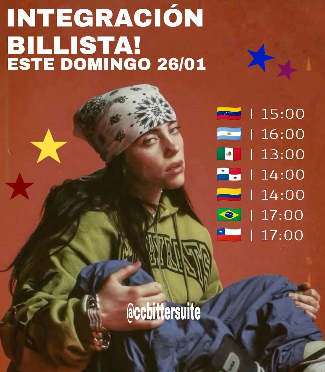 ccbittersuite's tweet photo. ★ INTEGRACIÓN BILLIE STAN ESTE DOMINGO! ★

Hashtags: #integracionbillista #integracionbilliestan 

(horarios de cada país en la imagen)
den rt para que les pueda llegar a todos! https://t.co/wOiAbX6b49