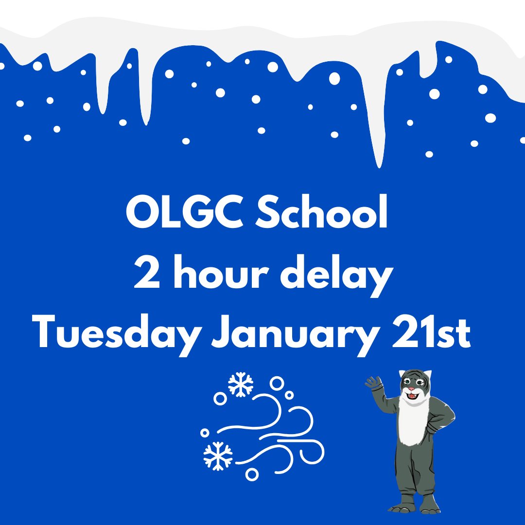 olgcschoolva's tweet photo. In accordance with Fairfax County Public Schools, OLGC School will open on a two hour delay tomorrow, Tuesday January 21st.

Carpool will open at 9:30 and the school day begins at 10:00! https://t.co/TTxYLMqo76