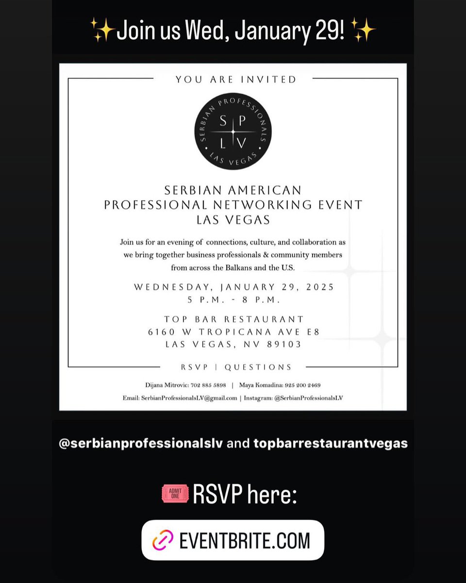 Join us at the Serbian-American Professional Networking Event in Las Vegas, on Wednesday, January 29th! 
RSVP: …rofessional-networking.eventbrite.com
#Serbia #US #LasVegas #networking #event