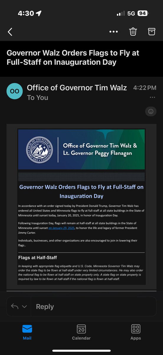 db025's tweet image. In typical classless form, @GovTimWalz waits until 4:22 to send out his order for flags to be at full staff today….until sunset at 5:15. 
@thauserkstp