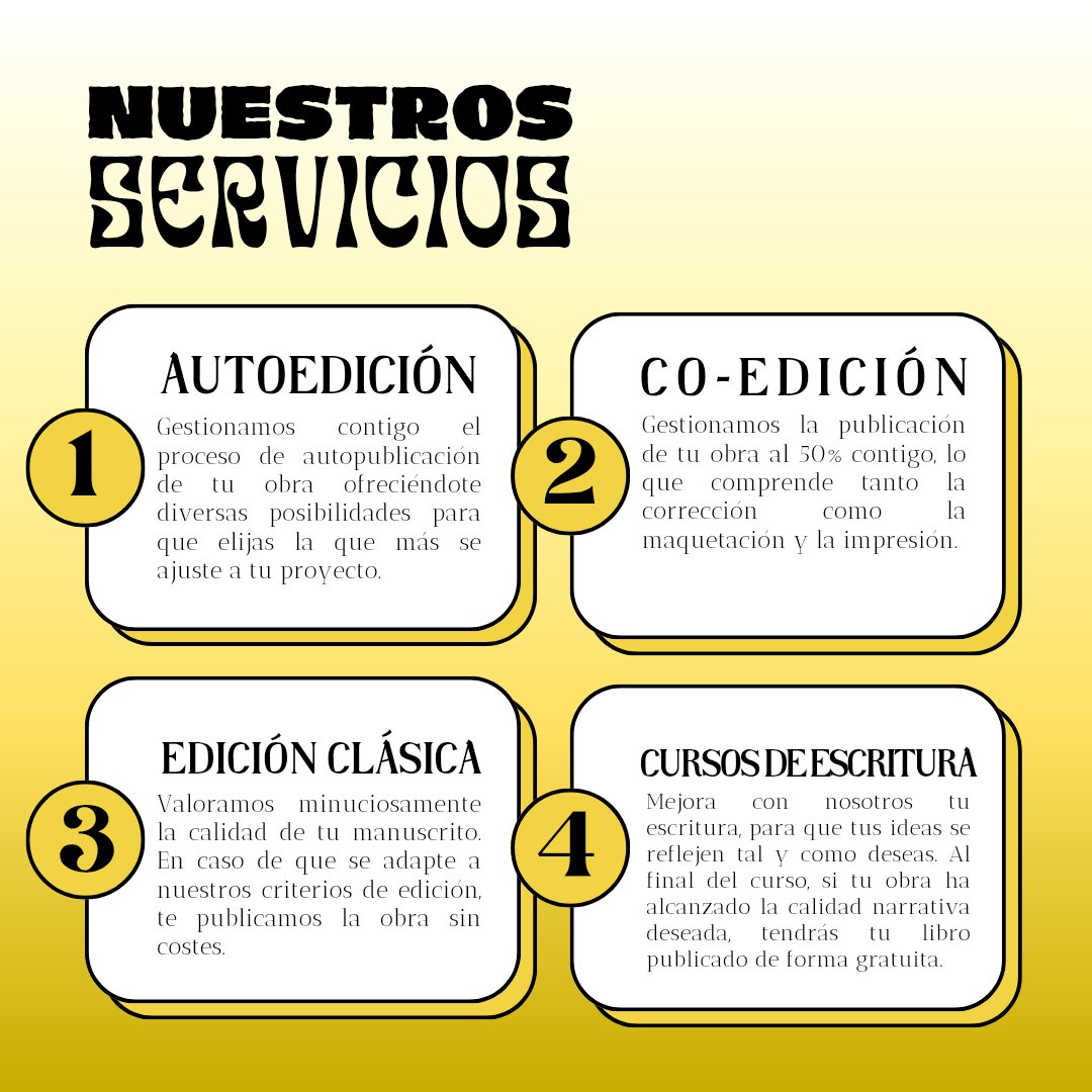 imperiumedicion's tweet photo. ¿Quieres publicar un libro?
En Imperium Ediciones tenemos servicios de autoedicion, co-edición y edición tradicional para la publicación de manuscritos. Os acompañamos en el proceso previo y posterior a la publicación y os facilitamos la distribución de vuestra obra.
#servicios https://t.co/AaTkelTWRY