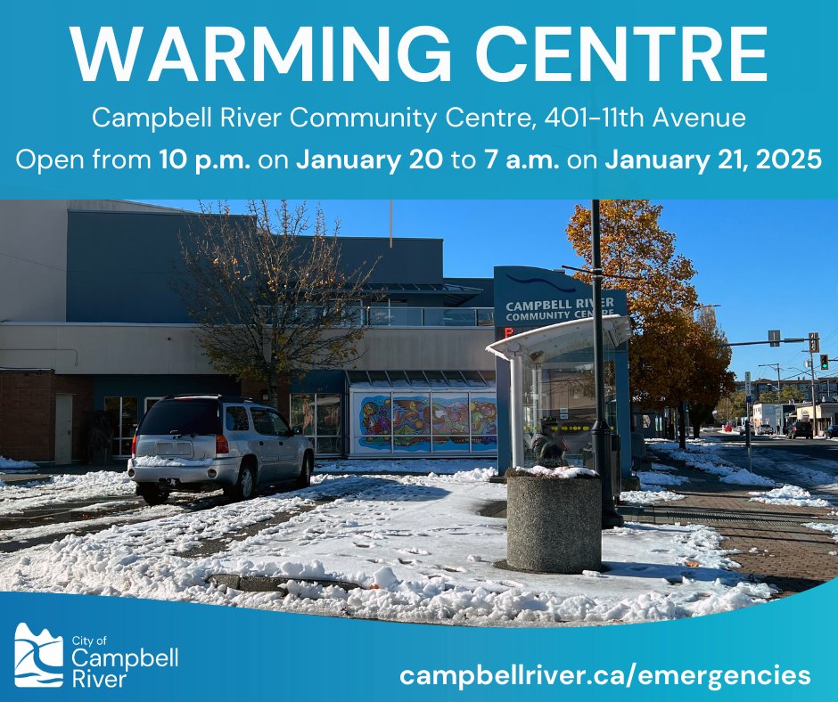 ❗️🌡️ In response to the continued low overnight temperatures in the forecast, the City will open a warming centre at the Community Centre (401-11th Avenue) from 10 p.m. on Jan. 20 to 7 a.m. on Jan. 21, 2025.  

Read the full advisory for more information: campbellriver.ca/news.