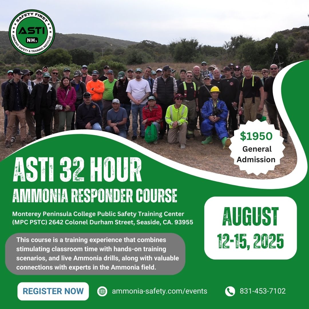 ASTI831's tweet photo. Exciting news!  Our ASTI 32-Hour Ammonia Responder Course is scheduled for August 12-15, 2025 in Seaside, CA.

Don't miss out, space is limited!  To register, please visit https://t.co/NuUDZmS2RP https://t.co/uyt7QppTw4