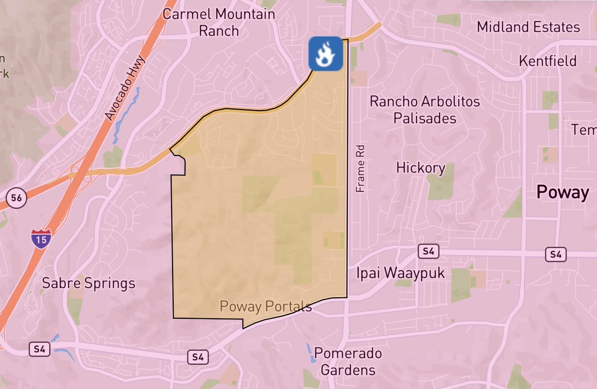 SDSheriff's tweet photo. #UPDATE An EVACUATION WARNING (yellow) has been issued for the areas in the maps below for the brush fire near Ted Williams Parkway and Pomerado Road in Poway.

To see maps of the affected areas, visit: https://t.co/W02RwhOqC5 and https://t.co/FNgX0zX5zW.

The Temporary Evacuation Point is at Abraxas High School located at 12450 Glen Oak Road in Poway. 

@CALFIRESANDIEGO @cityofpoway @SDSOPoway @AlertSanDiegoCo