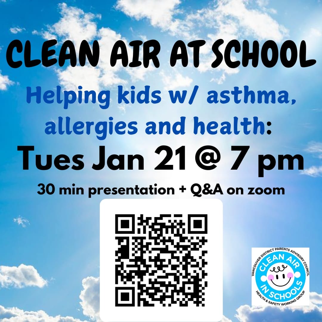 “How to get CLEAN AIR at School” 

TUES JAN. 21, 2025 at 7PM – 8PM 
We are hosting a 30 min presentation followed by questions.

       ALL SCHOOLS WELCOME!

Online via Zoom
us06web.zoom.us/j/88267234364