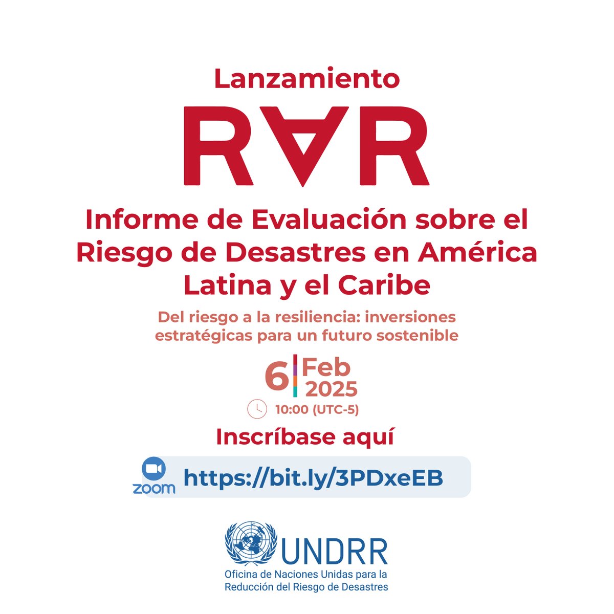 🌍 ¡Únete al Lanzamiento  del  Informe RAR24! Descubre cómo las inversiones estratégicas en #RRD pueden transformar la resiliencia en ALC.
📅 6 de febrero de 2025
🕙 10:00 a.m. (UTC-5)
🔗 Regístrate: ow.ly/ctpS50UJJcL
#Resiliencia #RAR24