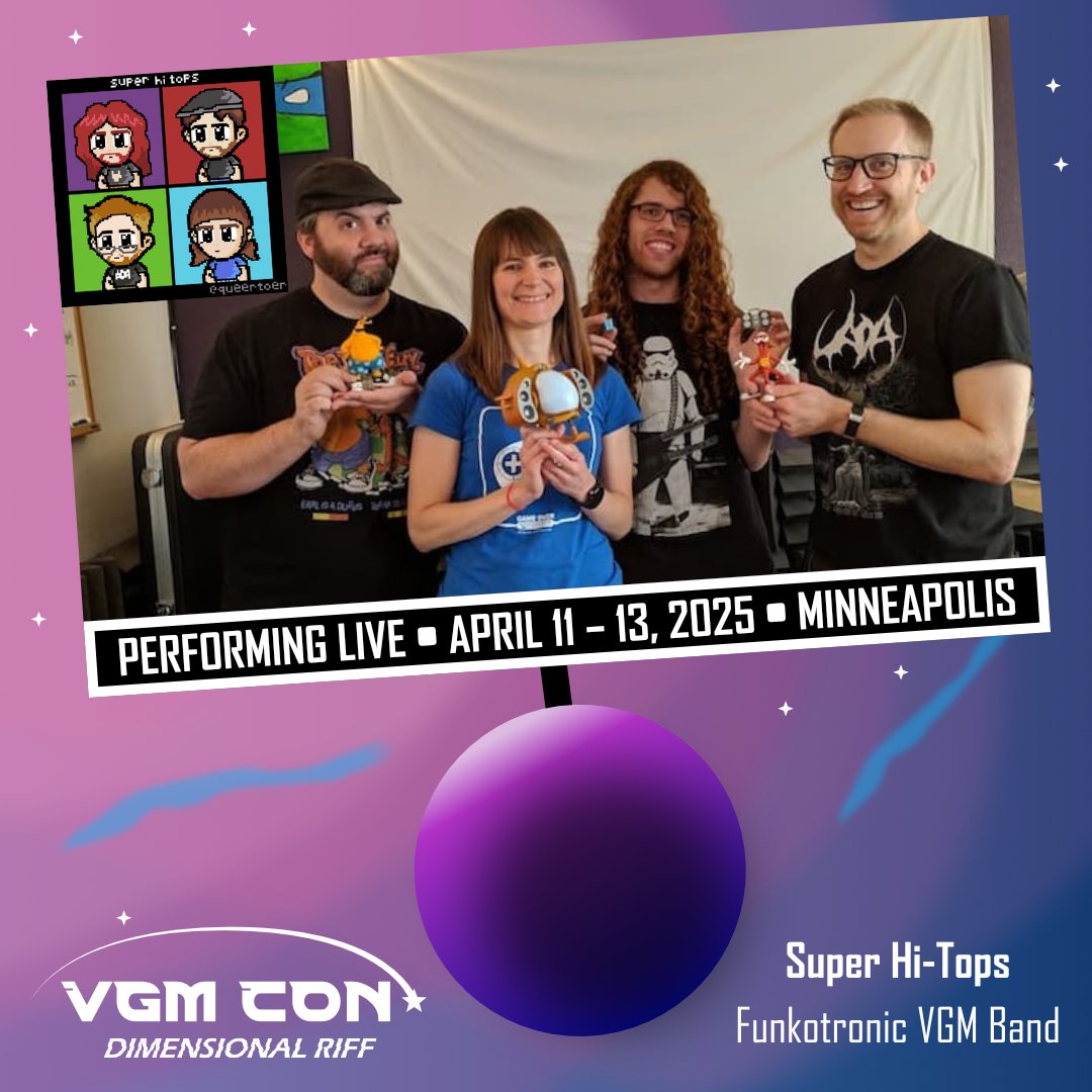 Our best scientists🧑‍🔬 have been doing research🔭 on the Dimensional Riff🌌 and it seems like it's also created a time anomaly🤔 like time is converging ⌚ enabling the <a href="/superhitopsvgm/">Super Hi Tops</a> to bring funky tunes🎶 from video games past, present, and future all the way to VGM CON 2025🎮