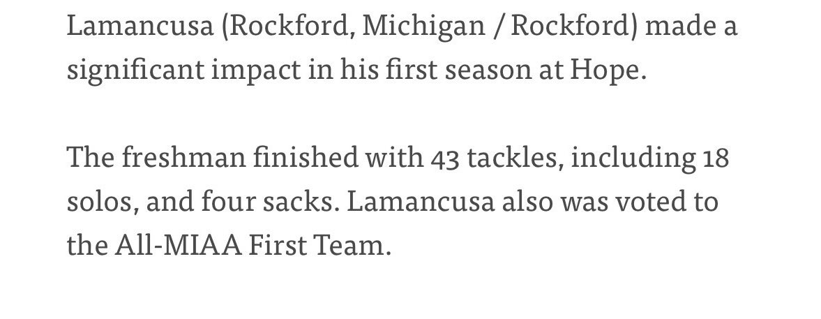 jack_lamancusa's tweet photo. I finished my Freshman season starting 12 games with All MIAA First Team Honors, All Region Honors, and D3 All Freshman Team Honors. 43 Tackles, 18 Solo, 13 TFL, 4 Sacks, and 3 PBUs. https://t.co/QR5awtNYzA