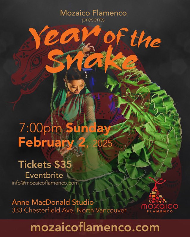 KasandraLaChina's tweet photo. Catch @MozaicoFlamenco Year of the Snake show on Feb 2 7pm, 4 flamenco dance soloists, 2 flamenco guitarists, amazing tablao show and #mozaico fiesta in second set! Let’s experience something hot and new! #flamenco #yvrdance @PHTheatre Anne Mac Studio https://t.co/XeqlR82Y2z