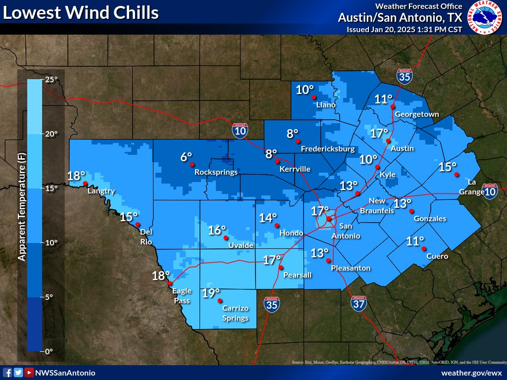 Here is a look at the Tuesday morning low temperatures and the lowest wind chills across the region through Wednesday morning. #txwx