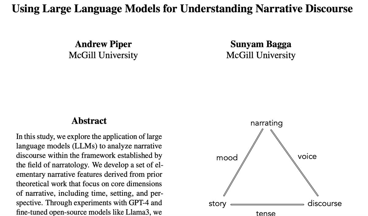 _akpiper's tweet image. 1/ 🎉 Excited to share our latest paper on LLMs for Narrative Discourse! We explore how AI can analyze the three key linking functions of narrative, inspired by Genette’s classic narratological triangle. 🧵👇 #NarrativeAI #Storytelling #Narratology