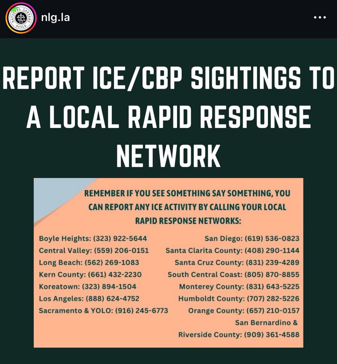 Dealing with ICE &amp; CBP guidance &amp; resources from <a href="/NLG_LosAngeles/">NLG-LA ⚖️</a>:

Do not open the door. 

Do not answer any questions. 

Do not sign anything. 

Report ICE/CBP sightings to a local rapid response network (#s in thread)