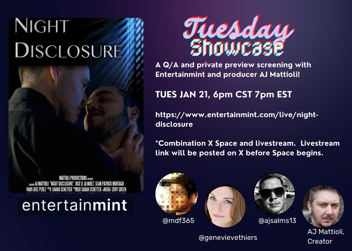 Entertainmint (@entertainmintco) on Twitter photo Join us tomorrow at 6pm CST for a Tuesday Showcase screening of Night Disclosure with producer and creator <a href="/AjMattioli/">Anthony Mattioli</a> ! #film3 #screenwriting #filmmaking Join us tomorrow at 6pm CST for a Tuesday Showcase screening of Night Disclosure with producer and creator <a href="/AjMattioli/">Anthony Mattioli</a> ! #film3 #screenwriting #filmmaking