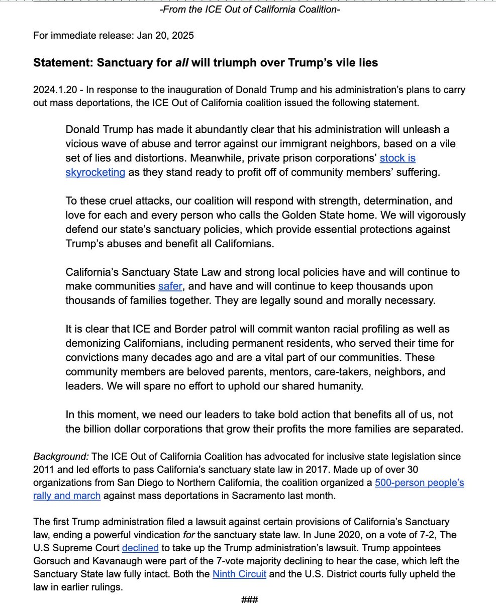 🚨 Our statement today: Sanctuary for ALL will triumph over Trump's vile lies. 

To the administration's cruel attacks, our coalition will respond with strength, determination, and love for each and every person who calls the Golden State home.