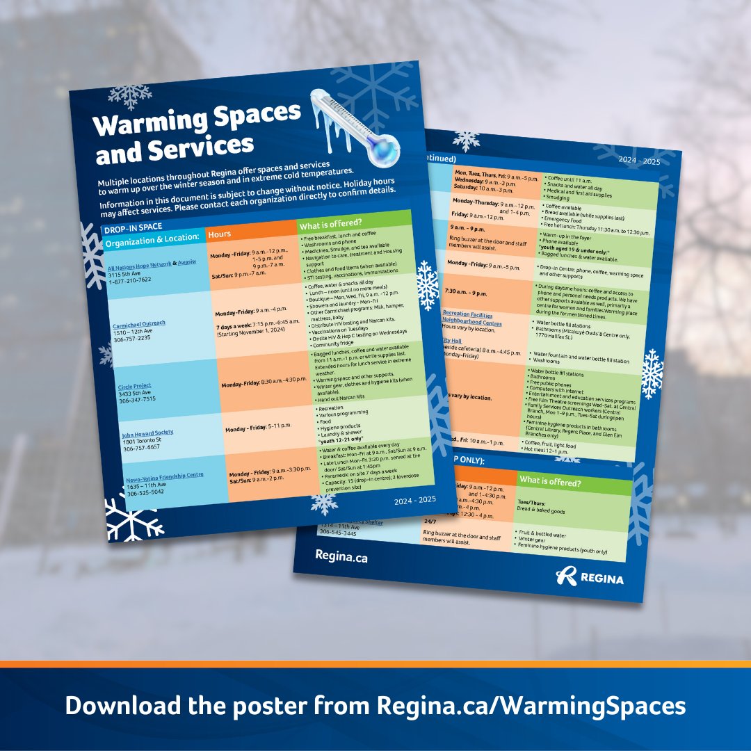 An extreme cold warning remains in effect today and overnight. Temperatures are expected to improve tomorrow. ❄️🌡️

The City of Regina and its partners have warming spaces available. If you or someone you know needs a place to go, please visit Regina.ca/WarmingSpaces
