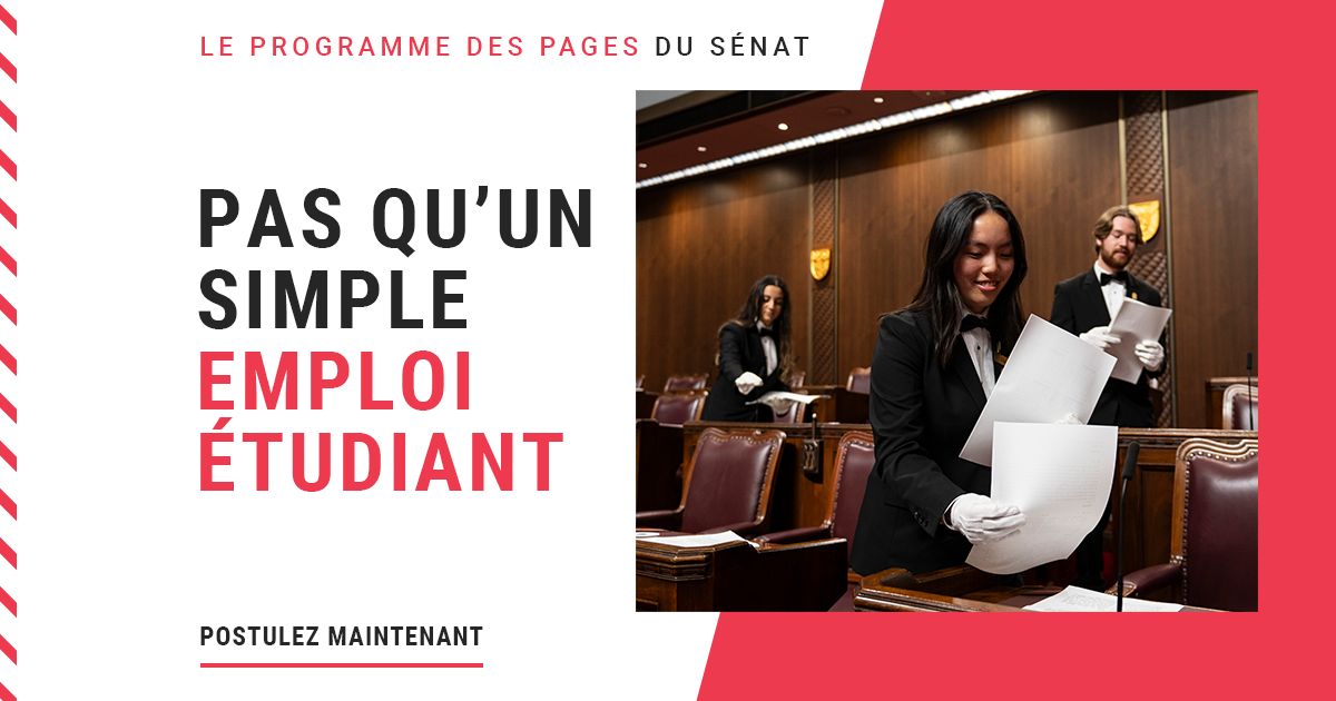 Le Sénat recrute des étudiants bilingues de premier cycle pour rejoindre l’équipe des pages de 2025-2026! Les pages du Sénat soutiennent le travail des sénateurs et acquièrent une expérience directe de la procédure parlementaire, tout en bâtissant un réseau professionnel solide.