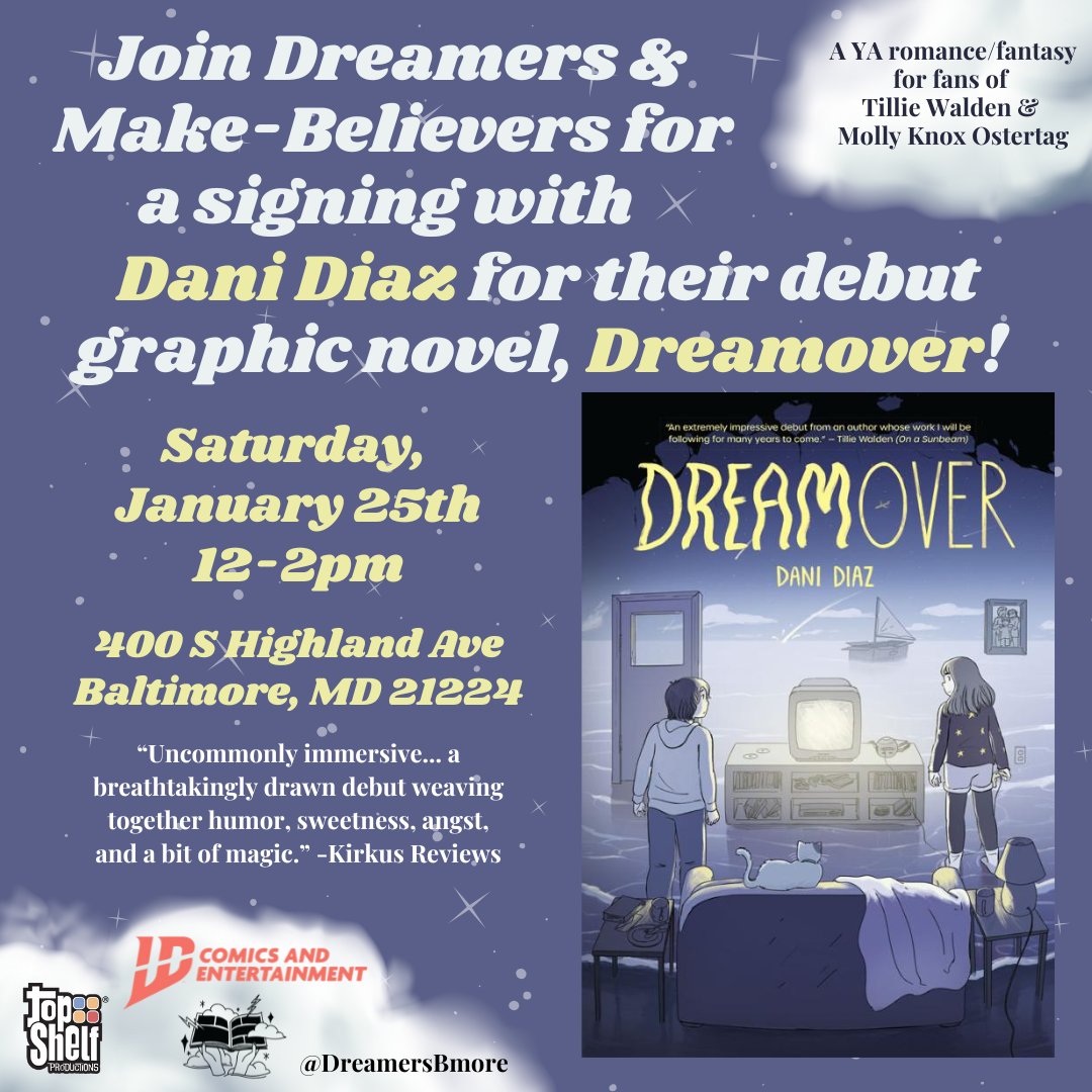 topshelfcomix's tweet photo. Enjoying #Dreamover by Dani Diaz? Get the chance to meet the mind behind the dream!
Save the date for a #booksigning at @dreamersbmore from 12pm - 2pm on SATURDAY!
Can't wait? Get your copy here today: https://t.co/fYVQLUZiE0
#OriginalGraphicNovel #OGN #Highschool #Romance https://t.co/zpqZ2ZkXd9