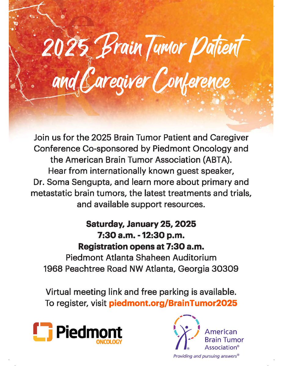 Dr. Soma Sengupta of UNC department of Neurology, joins the speaker line-up.  To register, visit piedmont.org/BrainTumor2025