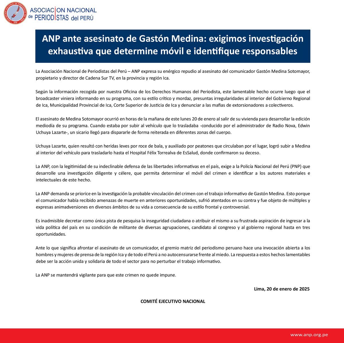 La <a href="/ANP_periodistas/">ANP Perú</a> expresa su repudio por asesinato del comunicador Gastón Medina, de Cadena Sur TV, en provincia y región Ica

Exigimos a <a href="/PoliciaPeru/">Policía Nacional del Perú</a> investigación diligente y célere, que determine móvil e identifique autores materiales e intelectuales

bit.ly/3PITYTG