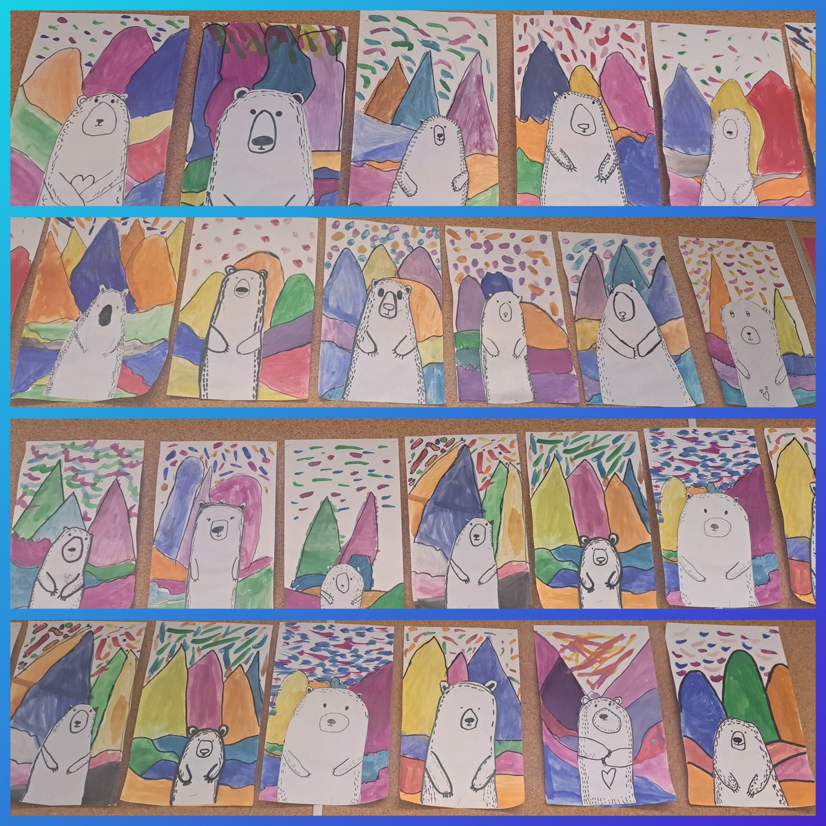 Our winter landscapes were inspired by Canadian artist Ted Harrison. These are making our classroom bright and beautiful. #WeAreHRM <a href="/HolyRosaryM/">Holy Rosary, Milton</a> #TedHarrison #winterart