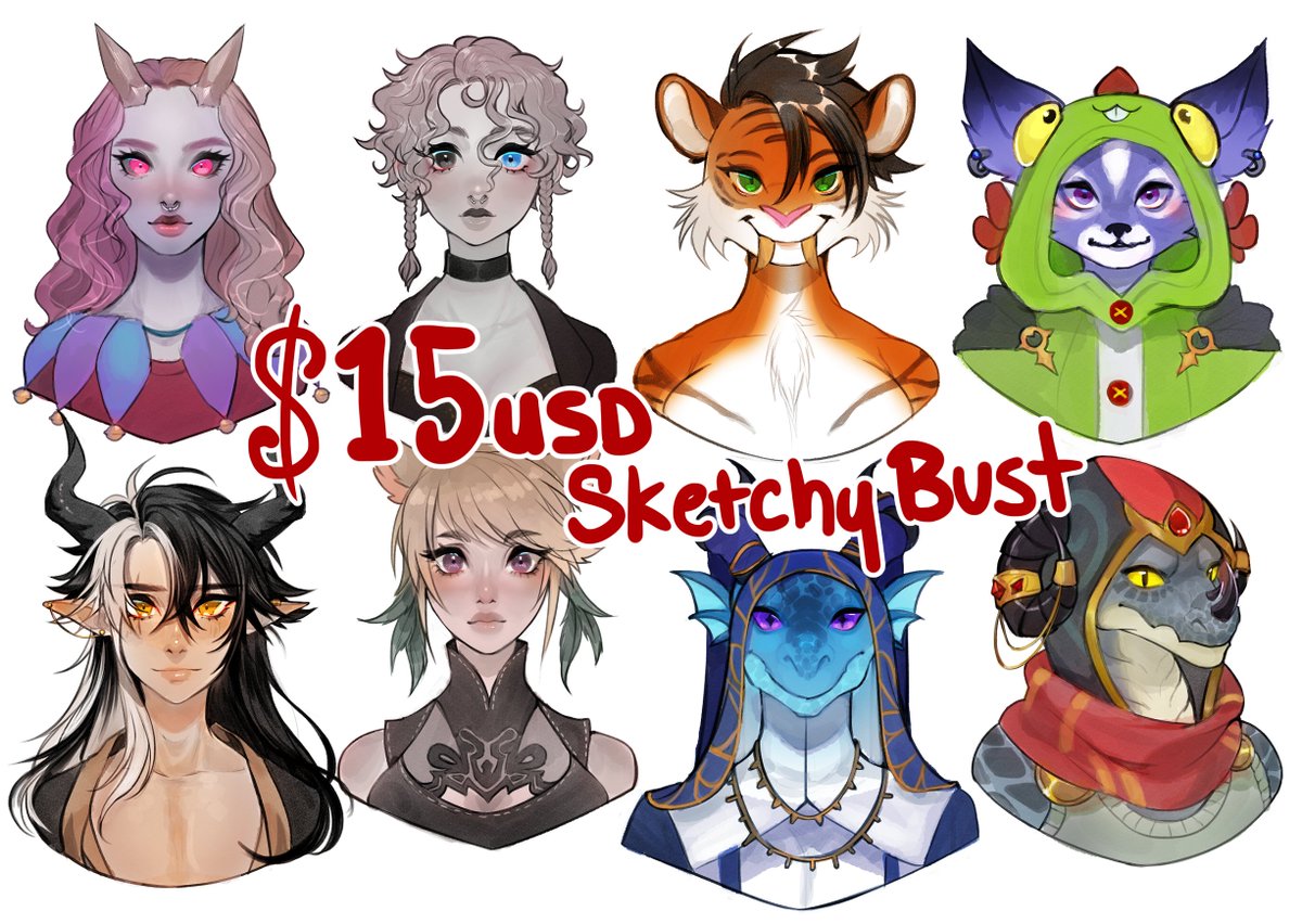 15usd Sketchy bust
-Human, Furry. all type!
-Paypal
-ready in few days 

#commissions #cheap #anime #furry #dracthyr #wow #FF #kemono #etc