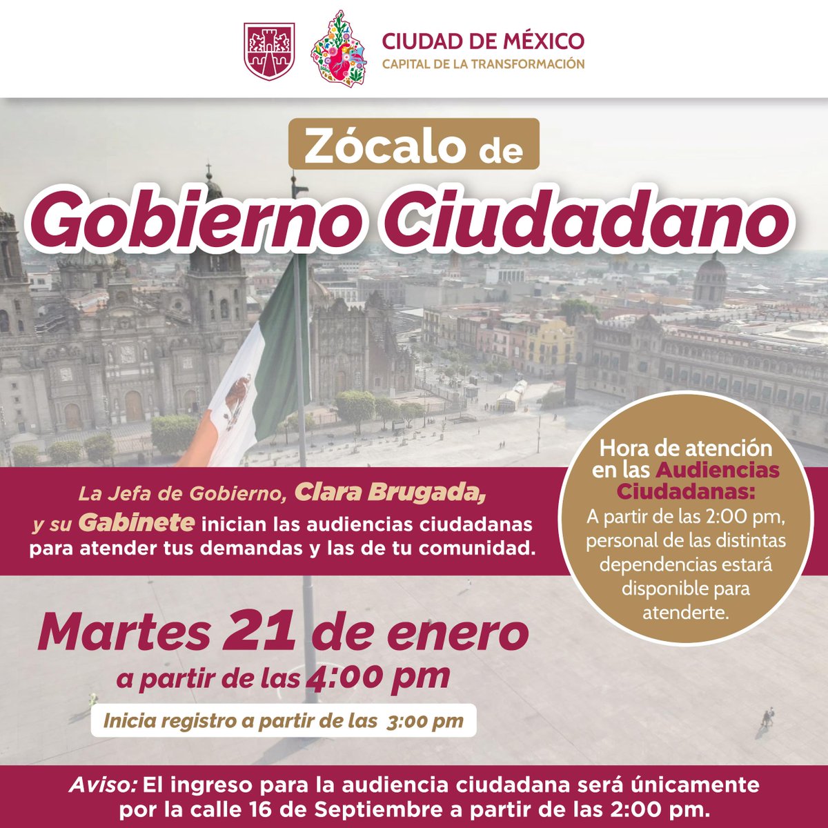 Amigas y amigos, les comparto este aviso para que, por favor, tomen nota para mañana en el Zócalo de Gobierno Ciudadano, en la #CapitalDeLaTransformación.