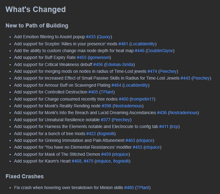 Localldentity's tweet photo. PoB v0.3.0 is out

Adds a filter in the anoint UI for you to select the Emotions you have
Support for minion 'Allies in Presence' mods
Fixes the +gem level issues with quivers
Fixes the 0 damage values for Minion Spells
Concoction skills not scaling with unarmed damage
+ more https://t.co/fkBEy5oTX8