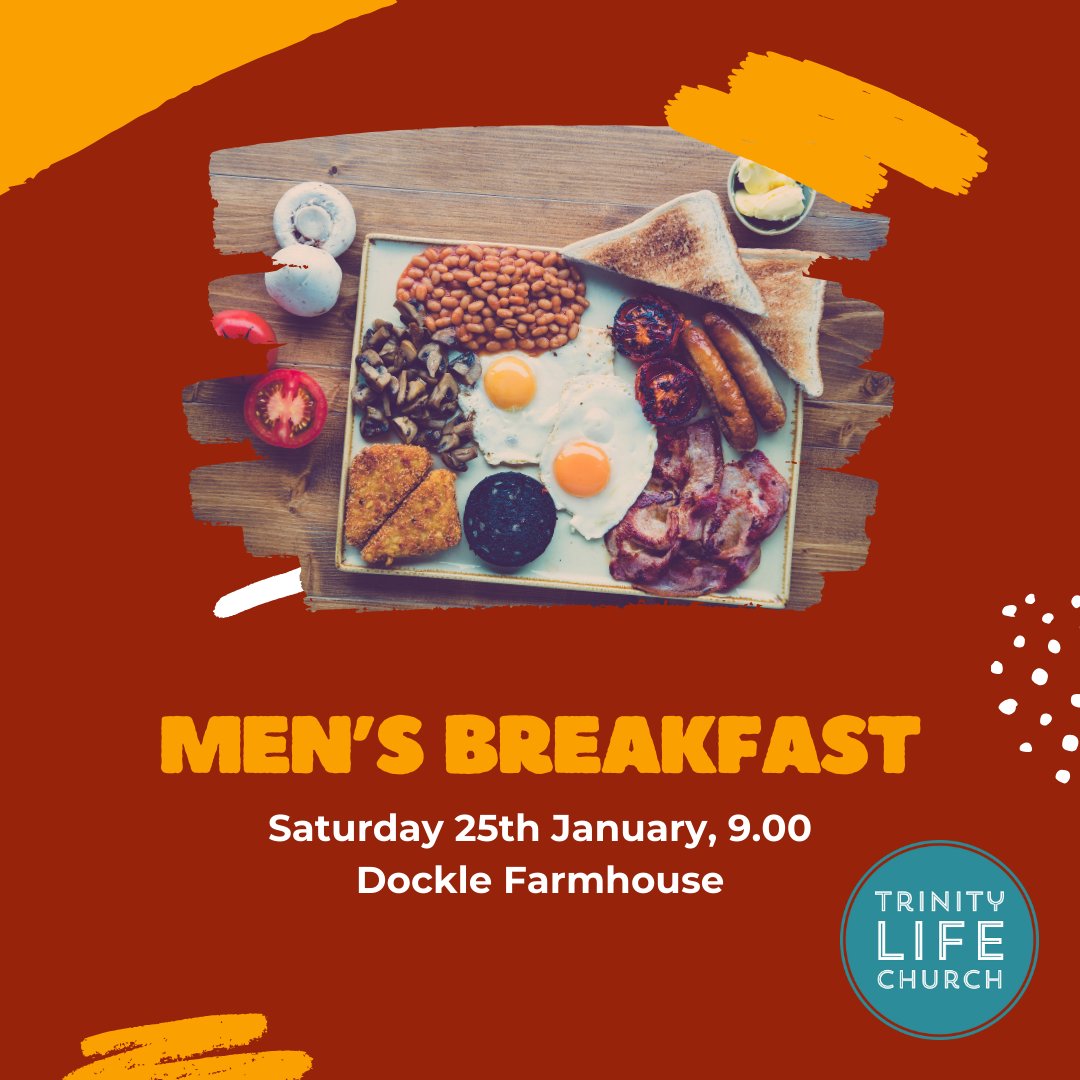 TrinityLifeSwin's tweet photo. The first Men's Breakfast of 2025 is THIS SATURDAY!
Join us from 9.00 at The Dockle Farmhouse for a chance to catch up over a plate crammed with the best kind of food - breakfast food! No need to book, just turn up and bring a friend if you like. See you there! https://t.co/WAQChQGmXr