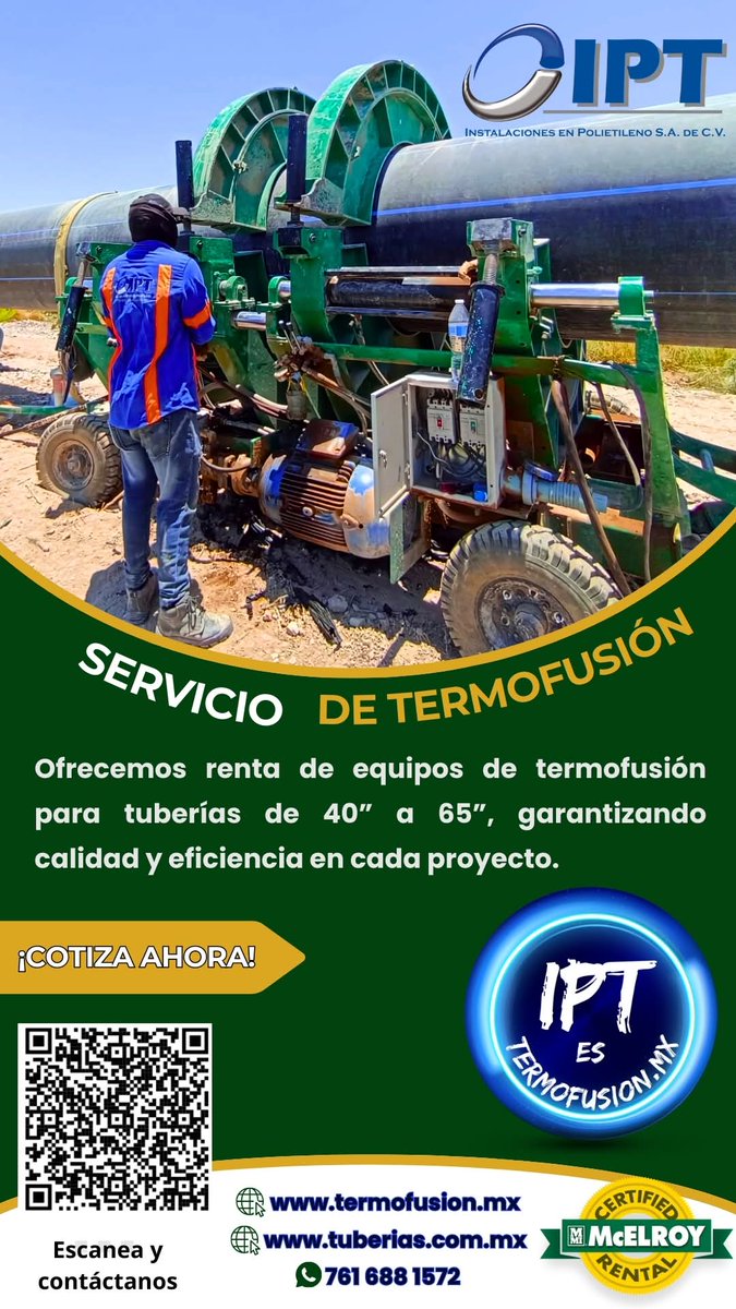 termoIPT's tweet photo. #termofusión #EquiposDeRenta #ProyectosDeCalidad #IPT #pead #HDPE
🚧 SERVICIO DE TERMOFUSIÓN 🚧
¡Optimiza tus proyectos con la mejor tecnología!

🔧 Renta de equipos de termofusión para tuberías de 40” a 65”. https://t.co/83J7IMy9Jy