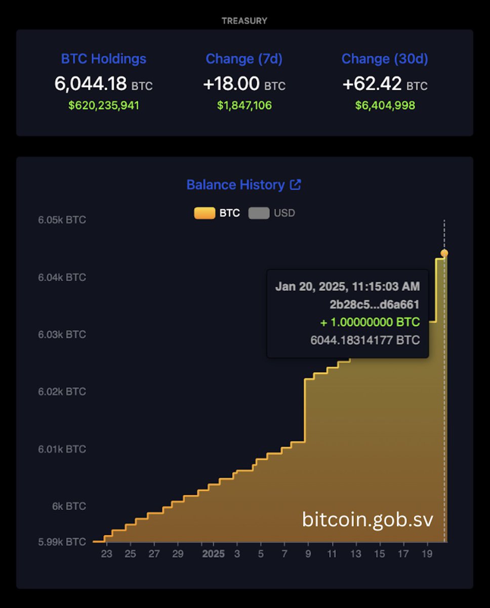 🇸🇻El Salvador stacks another 1 BTC to our Strategic Bitcoin Reserve. This  is how we will keep winning: slow and steady DCA and then hodl with diamond  hands. 📅 20 January 2025 🏦Total BTC: 6,044.18