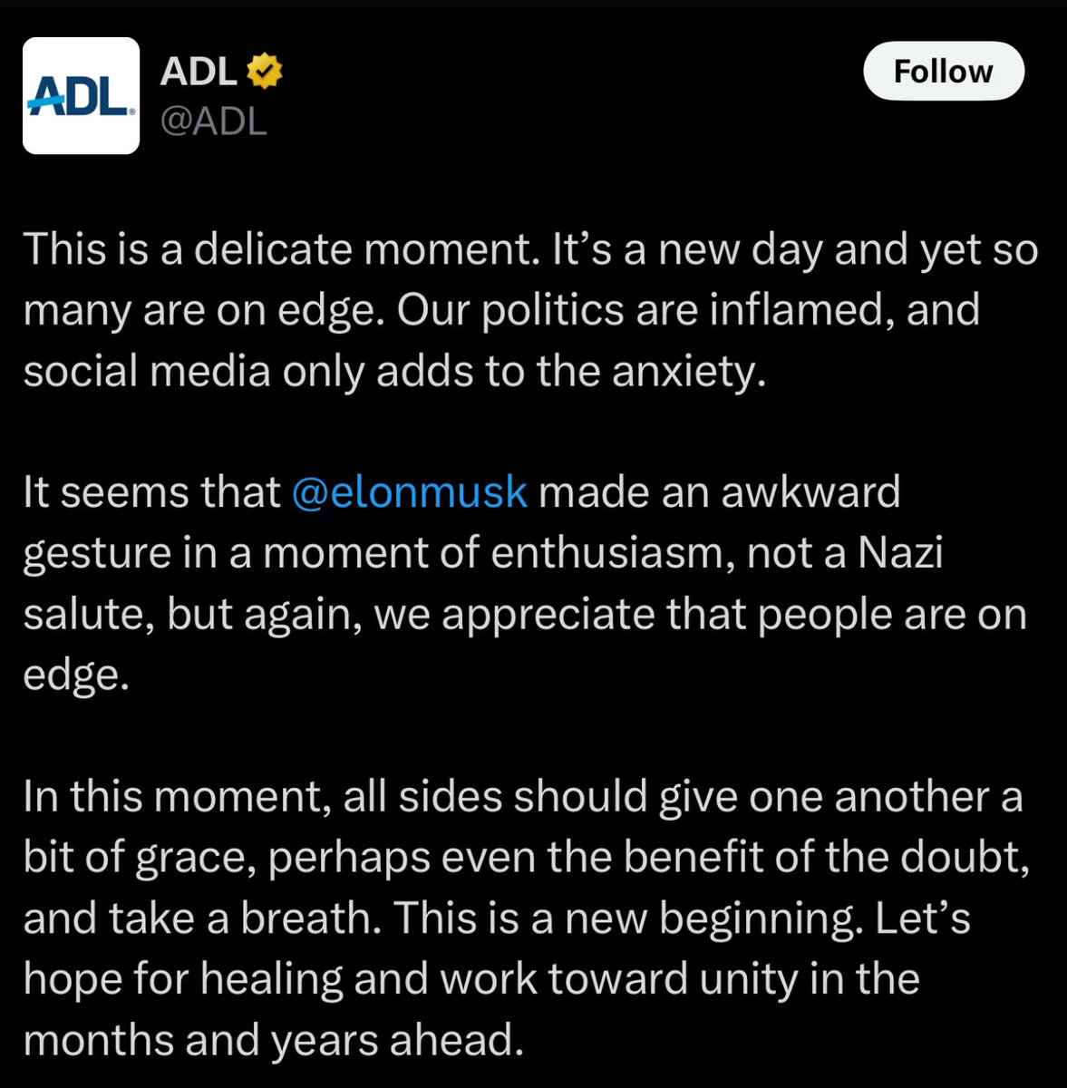 We could be in gas chambers and as long as they were built by Elon Musk the ADL would tell us to “take a breath”