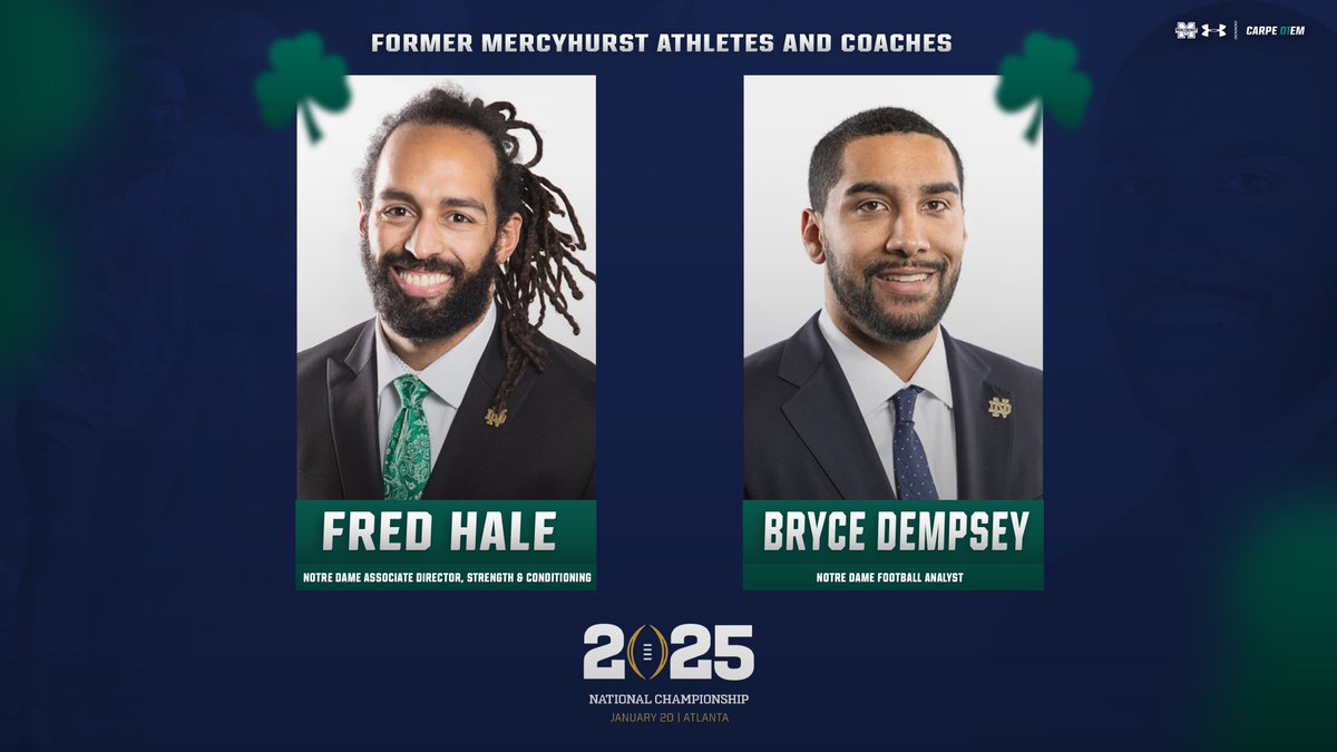 MercyhurstFB's tweet image. Former Mercyhurst Athlete Fred Hale and Defensive Coach Bryce Dempsey are taking the big stage tonight in the CFB National Championship. Hale and Dempsey are currently with @NDFootball staff, Fred Hale finished up his football career at Mercyhurst in 2010, Coach Bryce in 2023.