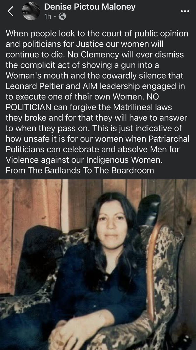 HosteenCholo's tweet image. I feel ashamed that I did not know the story of Anna Mae Aquash and her murder and Leonard Peltier’s role in it.
My joy for Peltier’s clemency has been replaced by horror learning this.
We can’t say protect Native women and not hold Native men accountable.
From her family: