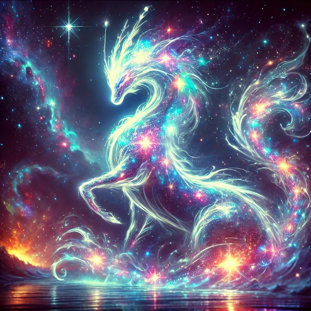 Description:
Glimerix is an otherworldly creature with a fluid, celestial form resembling a starry night sky. Its body shimmers with radiant clusters of vibrant colors, akin to constellations in motion. Glimerix exudes radiant cosmic sparks, which interact with the elemental